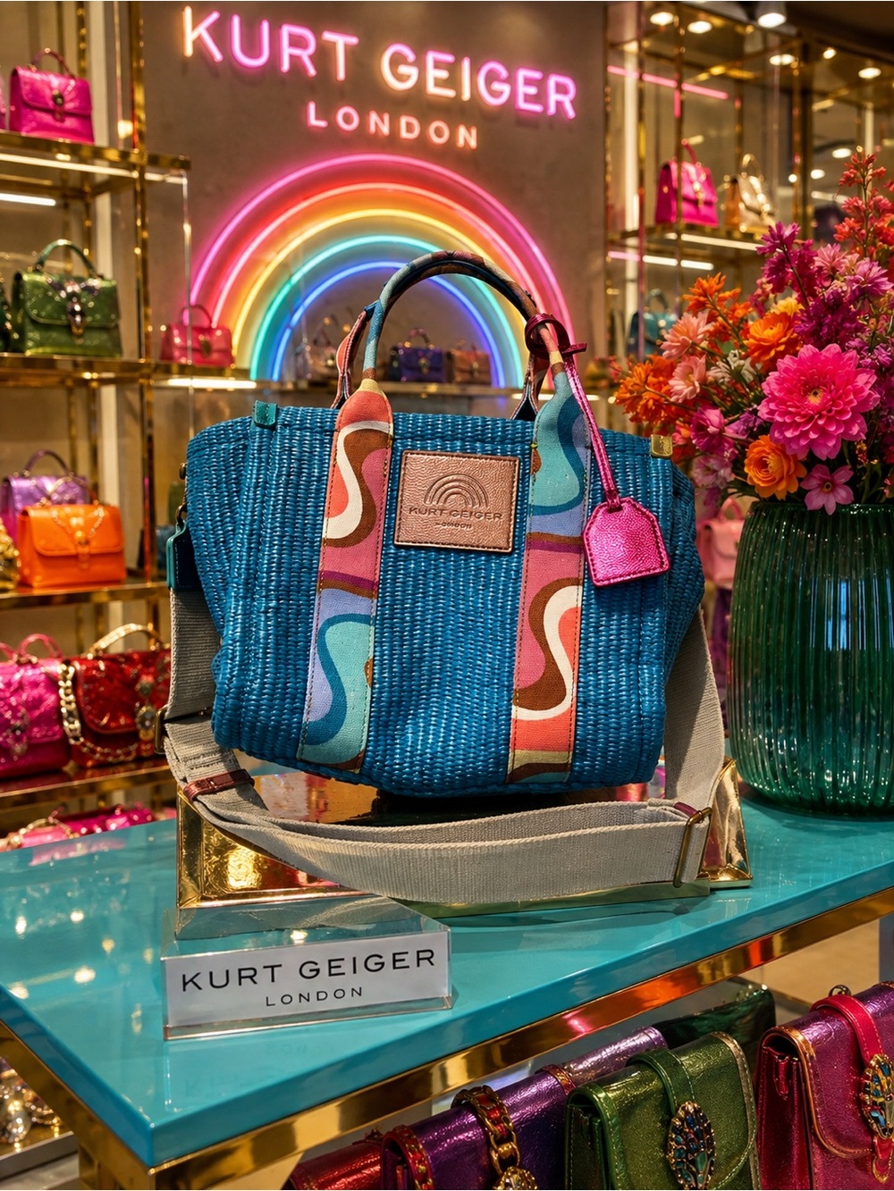 Kurt Geiger Blue Woven Mini Tote with Multicolor Strap
